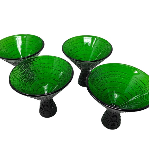 SET OF 4 VINTAGE-STYLE EMERALD GREEN  BEADED HOBNAIL FOOTED MARTINI GLASSES - Picture 2 of 9